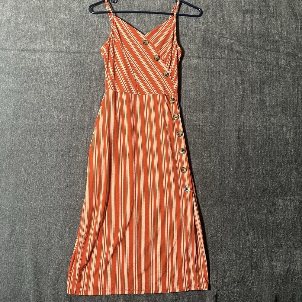 Derek Heart Midi Dress Womens Small S Orange Striped Faux Wrap Faux Button Top